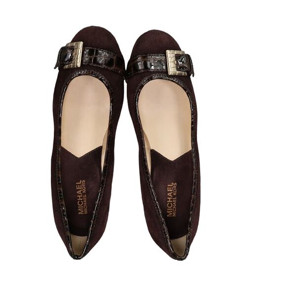 Michael Kors Shoes Women 8.5 Wedge Pump Leather Fashion Ballet Flat Brown Buckle - Picture 8 of 14